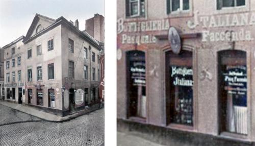 Zwei Kölner Wohn- und Geschäftshäuser in der Nähe des Walllrafplatzes und der Hohe Straße (rechts: Detail). Foto: Rheinisches Bildarchiv