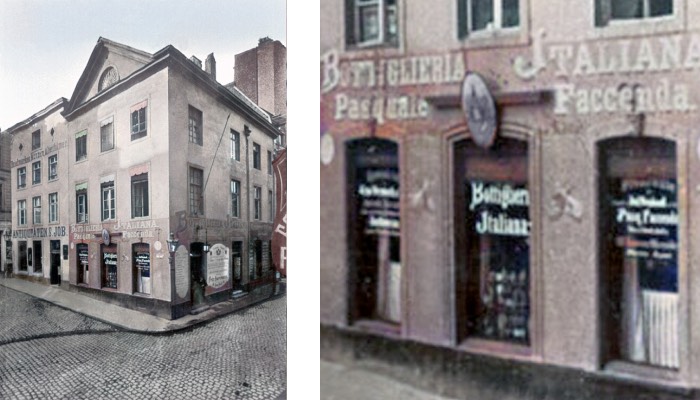 Zwei Kölner Wohn- und Geschäftshäuser in der Nähe des Walllrafplatzes und der Hohe Straße (rechts: Detail). Foto: Rheinisches Bildarchiv