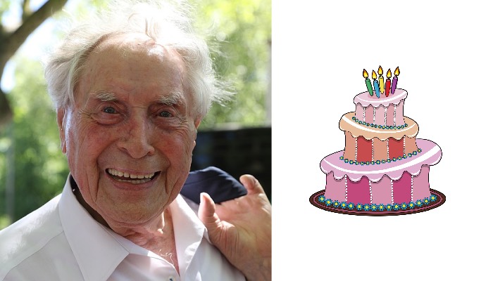 Ludwig Sebus 2018, er ist bis heute eine präsente Persönlichkeit in Köln. Gratulation zum 99. Geburtstag. Nicola, Wikimedia Commons, CC-by-sa 4.0 über Wikipedia, (Torte: Pixabay)